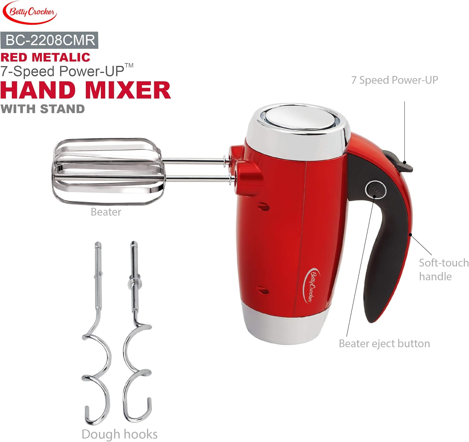 Betty Crocker 7 Speed Hand Mixer with Stand with Chrome Beater and Hooks, Metallic Red, BC-2208CMR, 6.06*8.66*6.65
