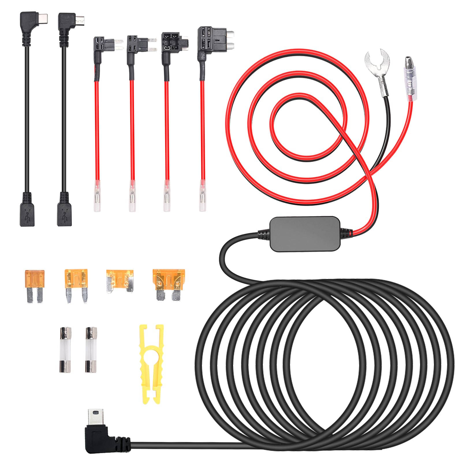 3-in-1 Hard Wire Kit USB-C & Micro/Mini USB Hardwire Kit for Dash Cams 12V-24V to 5V Car Dash Camera Power Cord with Low Voltage Protect ion, 13FT Extended Cable for Dash Camera, GPS, Radar Detector