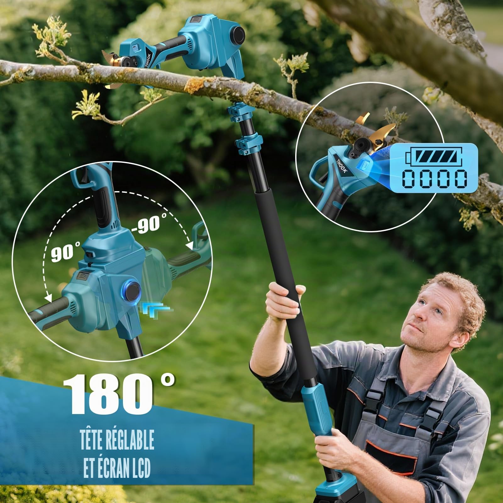 Sécateur Électrique Sans Fil 2 en 1, Moteur Sans Balais de 40 mm, Perche de 2,5 m, Coupe Maximale de 60 mm Pour Batterie Makita BL-18 V, avec Écran LCD, Pour le Jardinage (Sans Batterie)