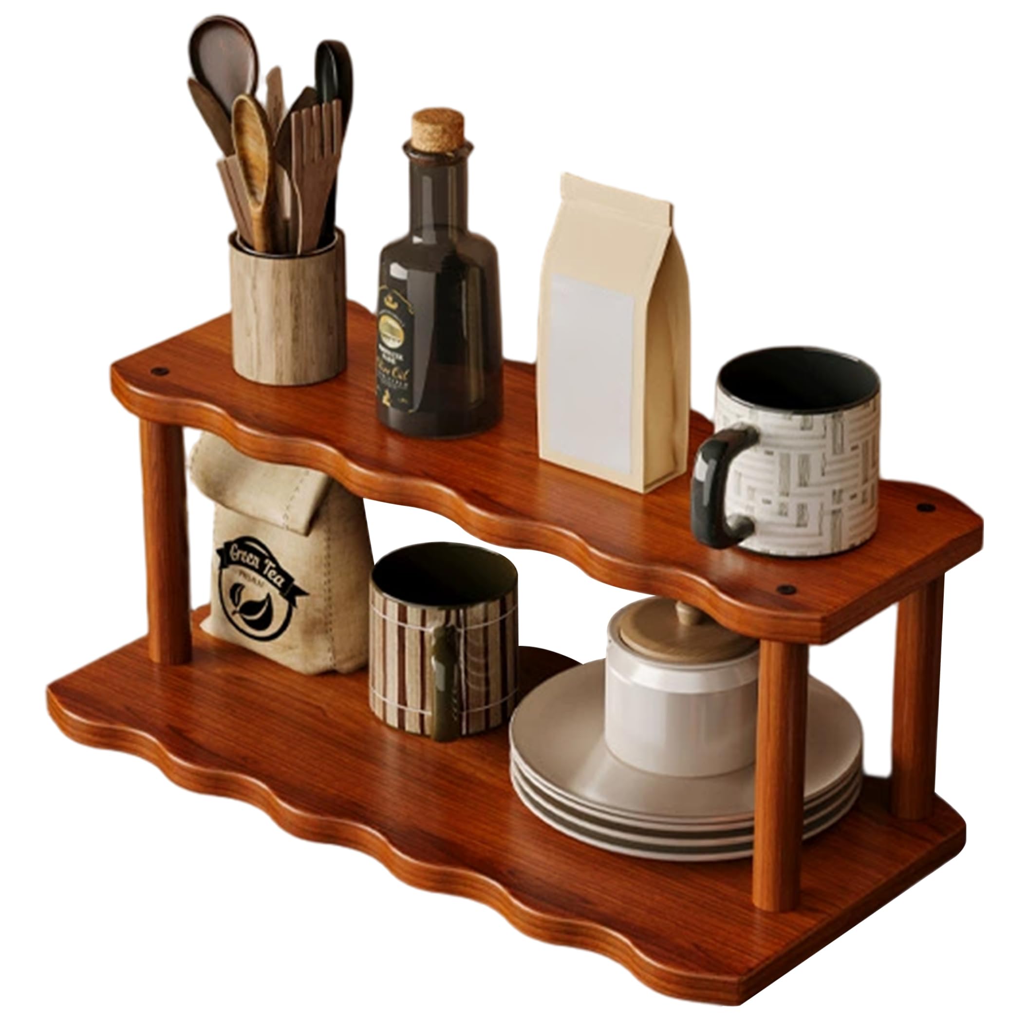 Ginwrek Coffee Mug Display Shelf Coffee Mug Display Shelf, 2-tier, Wood Countertop Organizer With, Walnut, 15.75inch