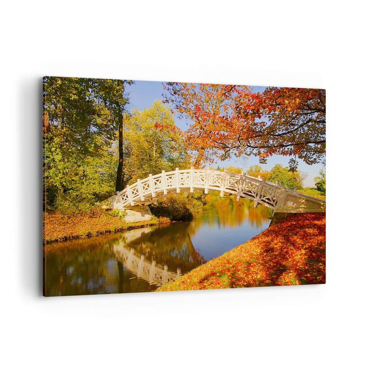 Cuadro Decorativo 100x70cm Moderno Horizontal Paisajes Puentes - 2654 | Arroyo Puente peatonal Otoño Cuadro sobre Lienzo Grande Arte mural Decoración del Hogar Salón Dormitorio Cuadros de Pared