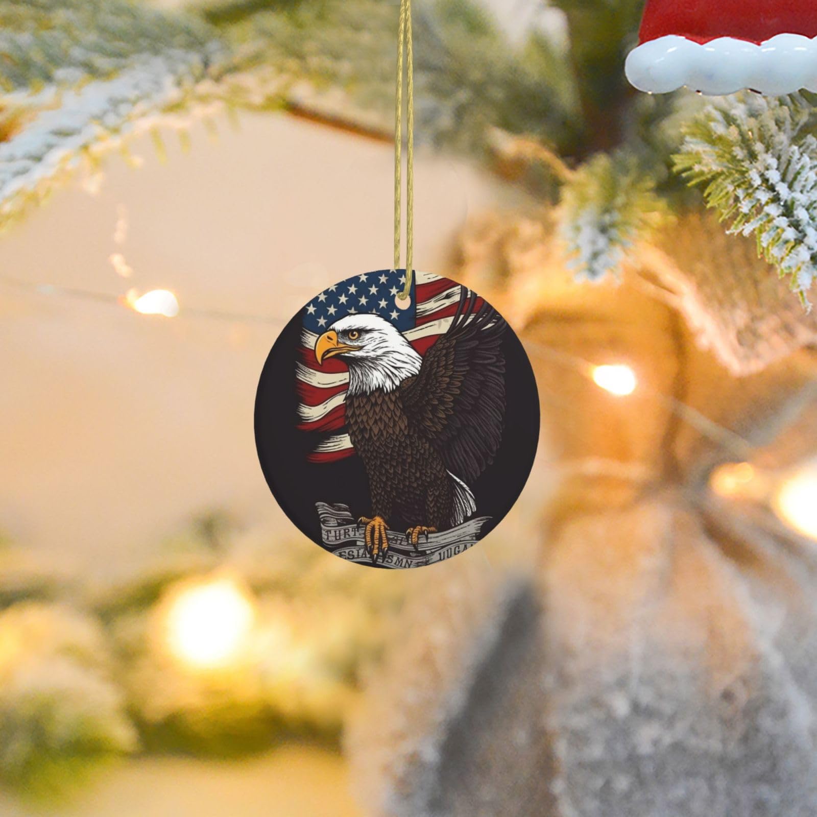 Christmas Ornaments for Christmas Tree Decoration Ceramic Hanging USA Patriotic Eagle Ornament with Gold Ribbon Crafts Round Pendant for Keepsake Gifts Glass Xmas Decor Party Supplies