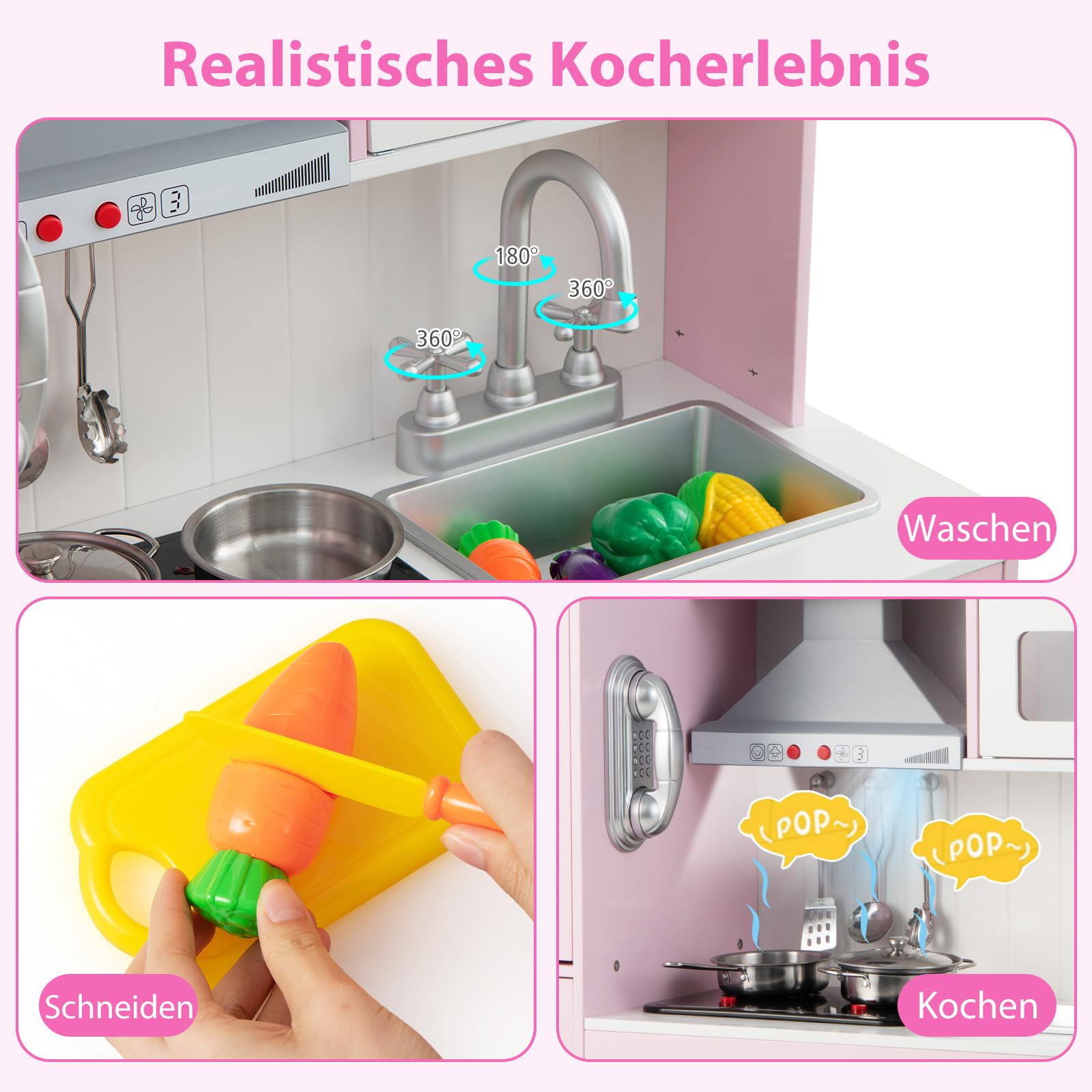 COSTWAY Kinderküche Holz, Spielküche mit Licht und Sound, Holzküche mit Tafel, Mikrowell, Spüle, Ofen & Stauraum, inkl. Zubehör, Spielzeugküche für Kinder ab 3 Jahren (Rosa)