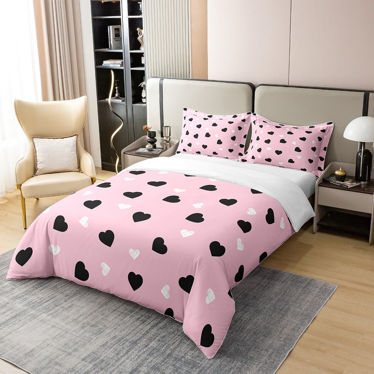 Feelyou Kids Queen Size Pink 100% Cotton Duvet Cover Love Pattern Girls Pink Comforter Cover Pink Cute Love Heart Bedding Set for Kids Boys Girls Lovely Pink Black Bedspread Cover Kids Room Decor