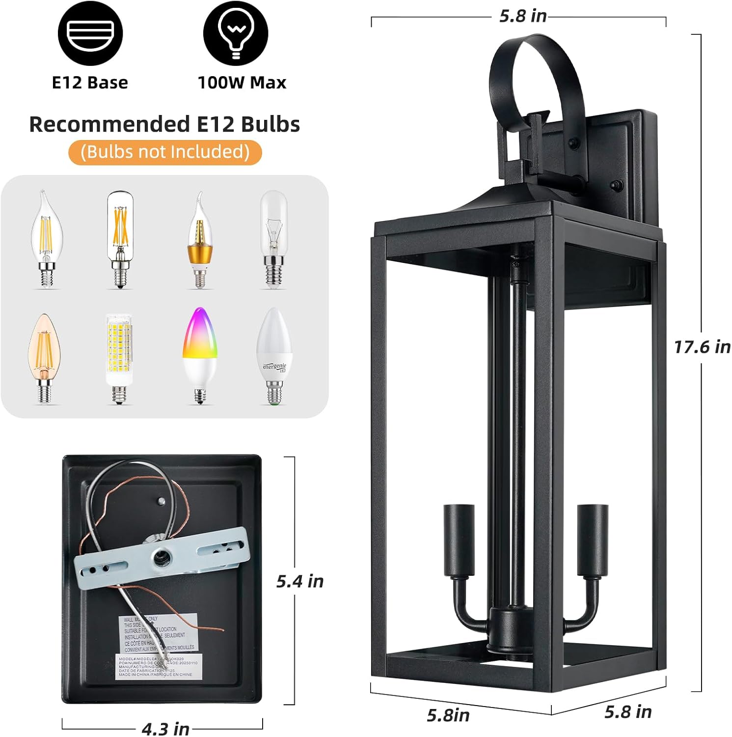 OKELI 17.6" Black Outdoor Wall Light Fixture, Large Exterior Porch Lighting 2-Light Farmhouse Outside Lantern Lights with Clear Glass Waterproof Wall Sconces Lamp for House Garage