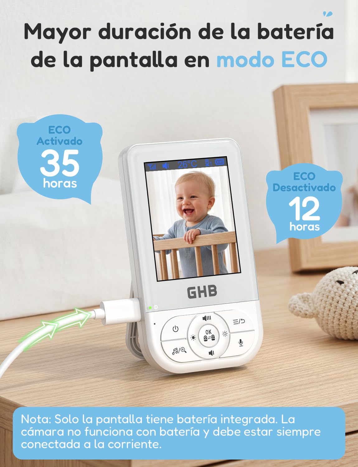 GHB Camara Vigilancia Bebe Vigilabebes con Camara de Pantalla 2.8" HD