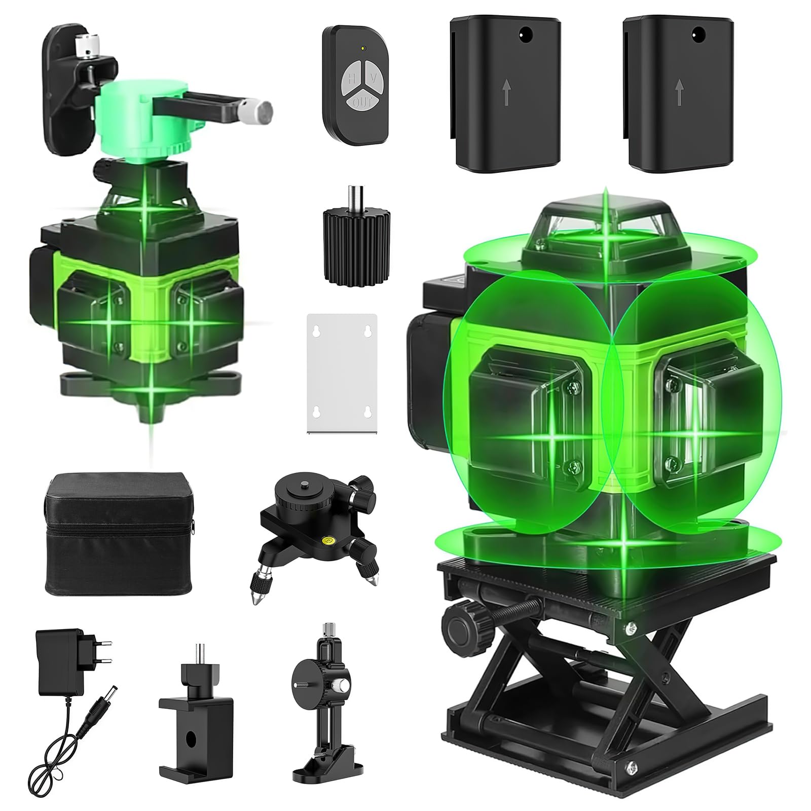 Nivel Laser Autonivelante 4 x 360°, 4D 16 Líneas Nivel Láser Autonivelante 360 Grados Horizontal y Vertical, IP54, Laser Autonivelante con Control Remoto y 2 x 2600mAh Baterías