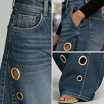 Women's High Waisted Wide Leg Jeans Fashion Cut Out Jeans for Women with Eyelet Detail Dark Wash Baggy Denim Pants