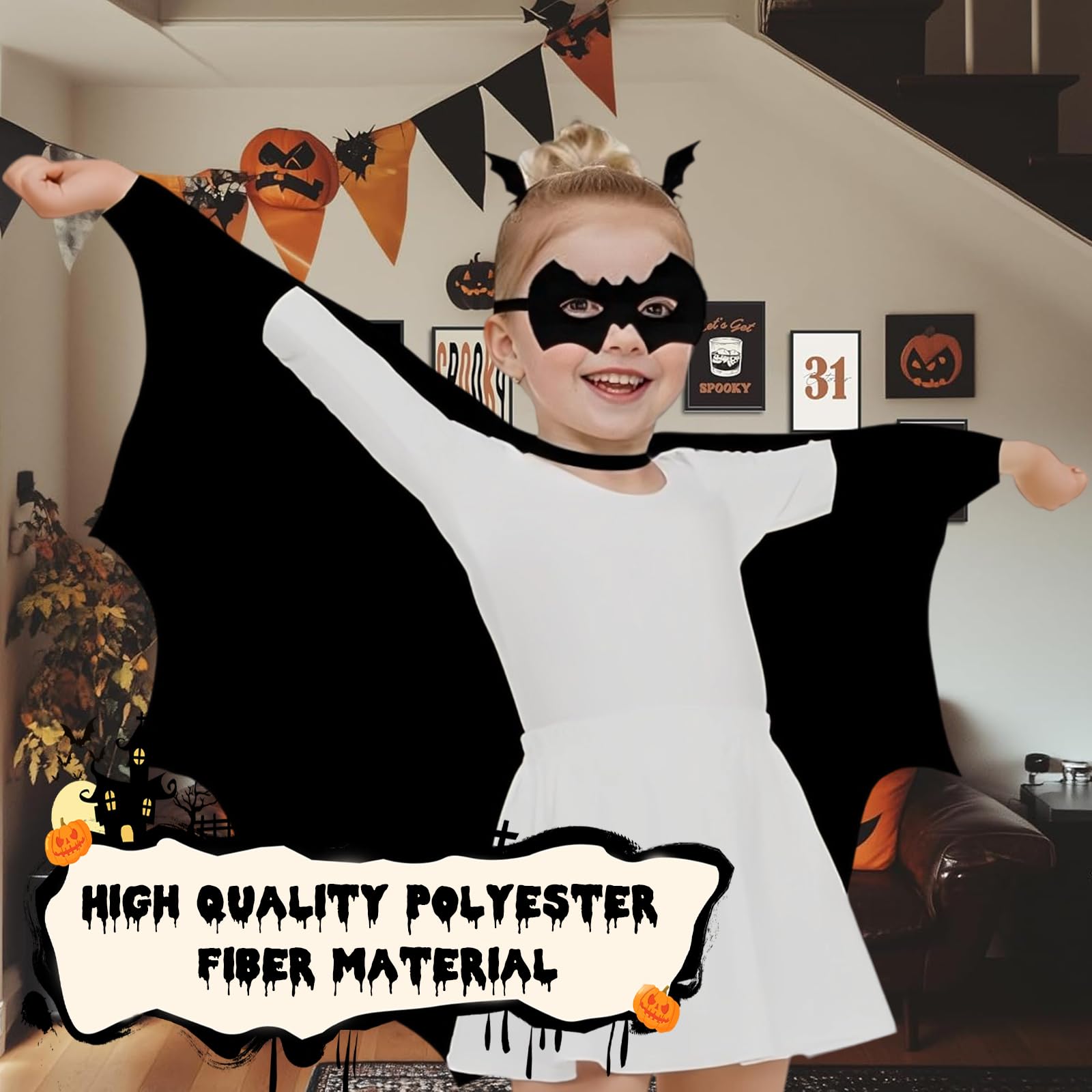 Costume Chauve-souris Enfant Halloween - Cape 117 Cm Avec Manchettes, Masque Et Collier, Pour Fête Et Cosplay - 8