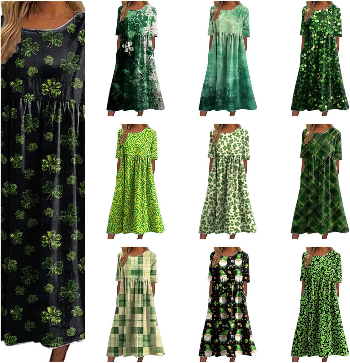 St Patricks Day Dress for Women Shamrock Crewneck Short Sleeve High Waist 2025 Summer Casual Flowy Fashion Dress - Image 5