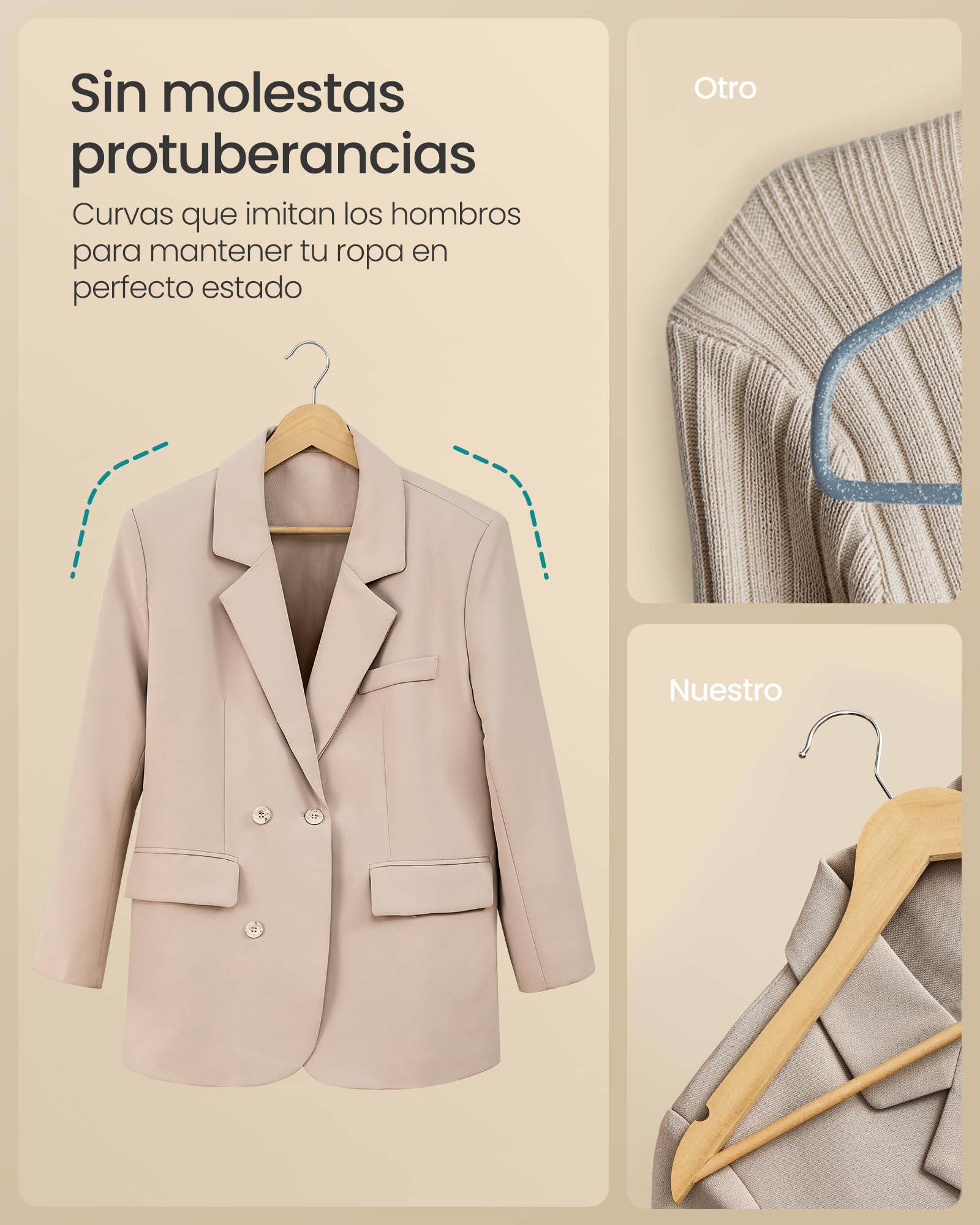 SONGMICS Percha de Madera, Juego de 10, Delgada, Muescas en Hombros, Percha para Pantalones, Gancho Giratorio 360°, Ahorra Espacio, Madera de Abedul, Tirantes y Chaquetas, Beige Natural CRW035KZ01