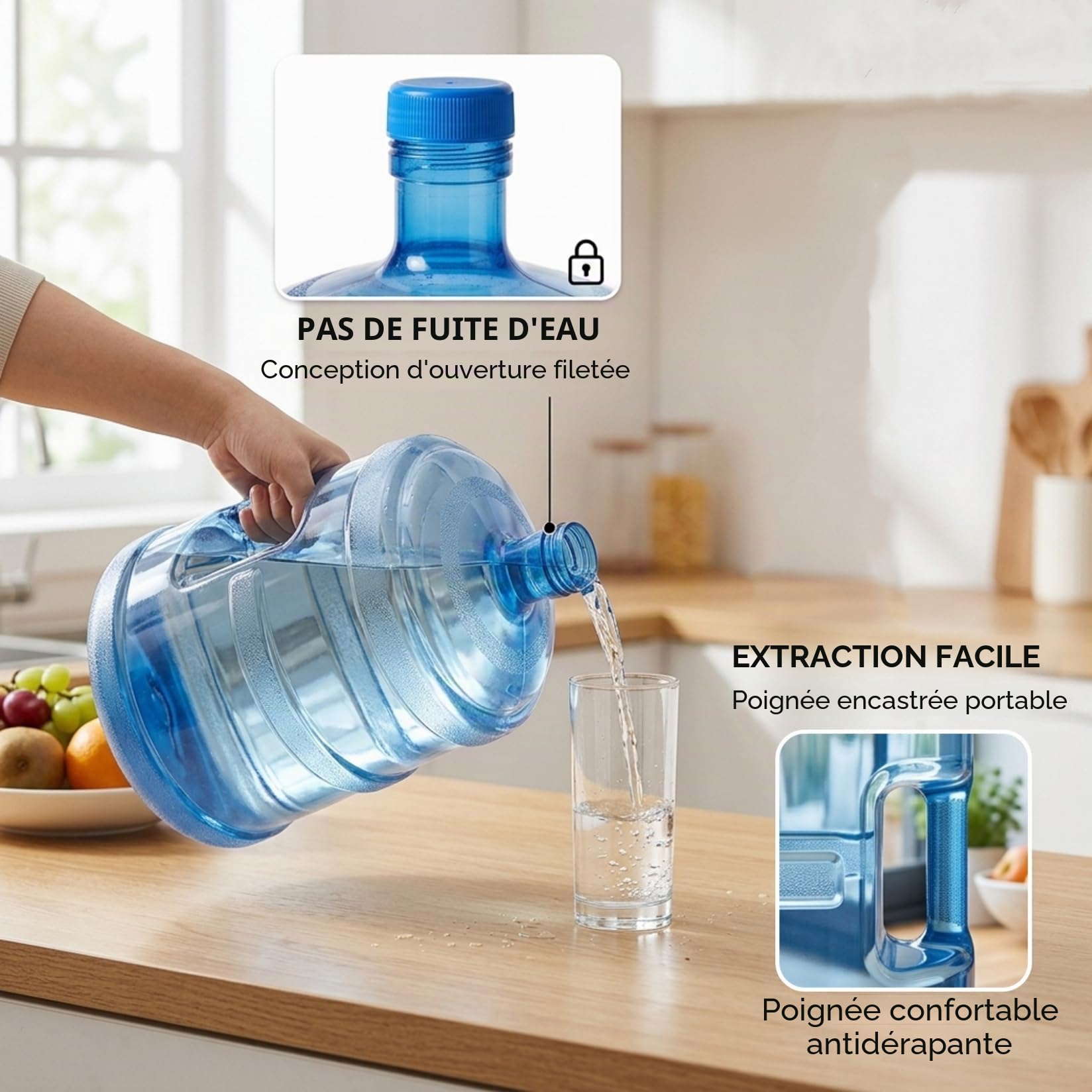 Bouteille d'eau de 5 gallons, récipient d'eau réutilisable avec poignée et bouchon anti-fuite pour la maison et le bureau, carafe de 5 gallons en PC qualité alimentaire - Récipient