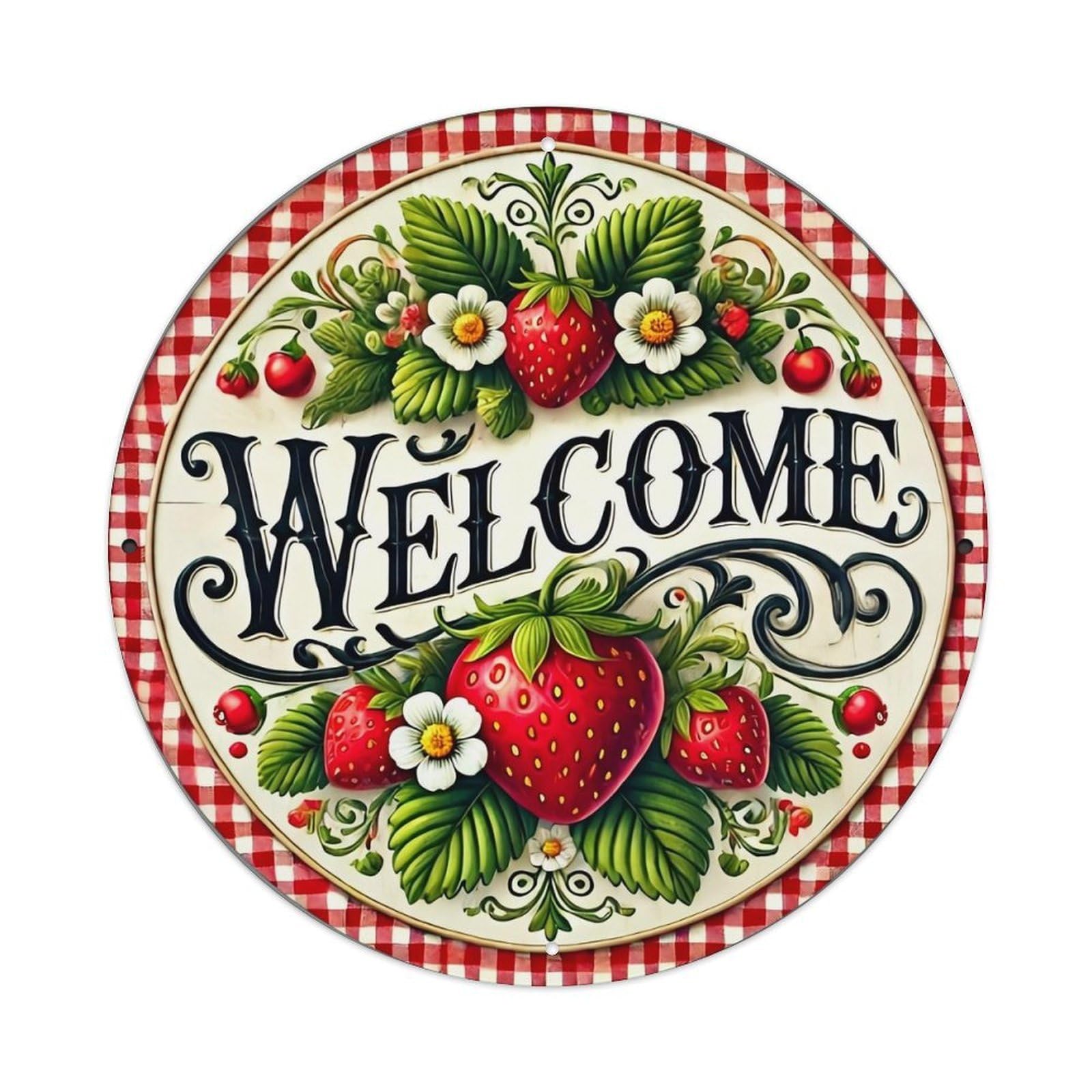 Strawberry Floral Welcome Sign Pattern Retro Metal Sign Round Tin Sign, Vintage Decor Art Poster for Bar, Home, Man Cave, Kitchen, Laundry Room Gift 8x8Inch