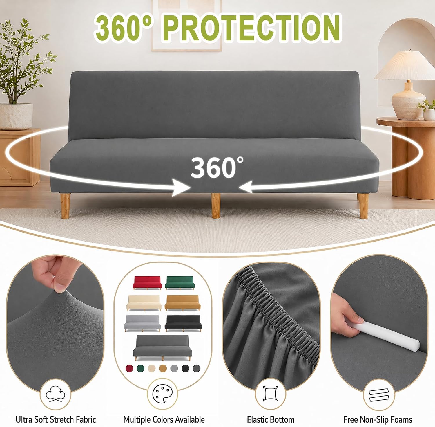 Armless Futon Cover Stretch Soft Sofa Cover with Elastic Bottom