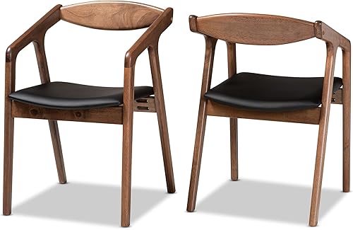 Baxton Studio Harland Juego de sillas de comedor de 2 piezas tapizadas de piel sintética negra y acabado marrón nogal, juego de sillas de comedor de