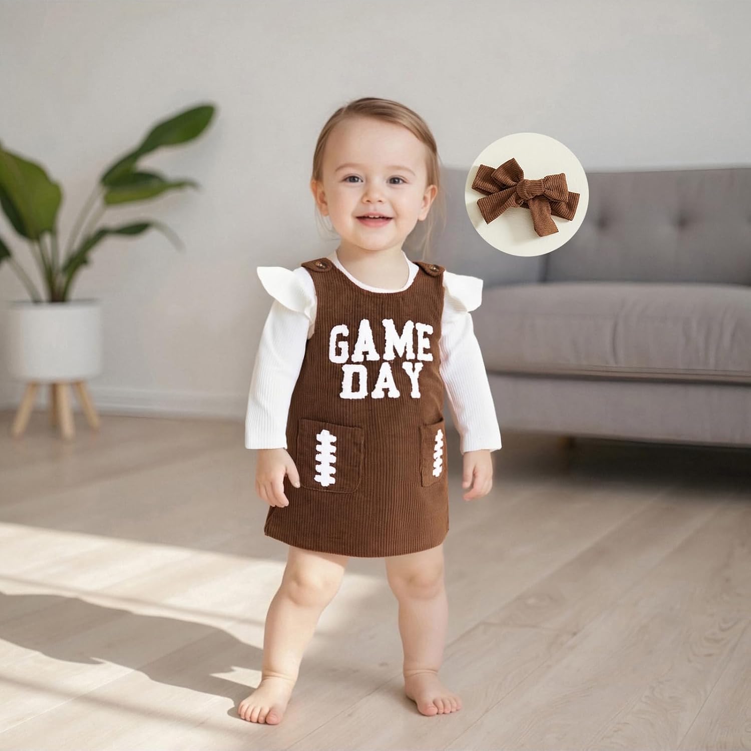 Baby Girl Football Outfit Game Day Long Sleeve Knit Romper Rugby Sleeveless Overall Dress 3Pcs Cute Fall Clothes (Khaki, 0-3 Months) - Image 7