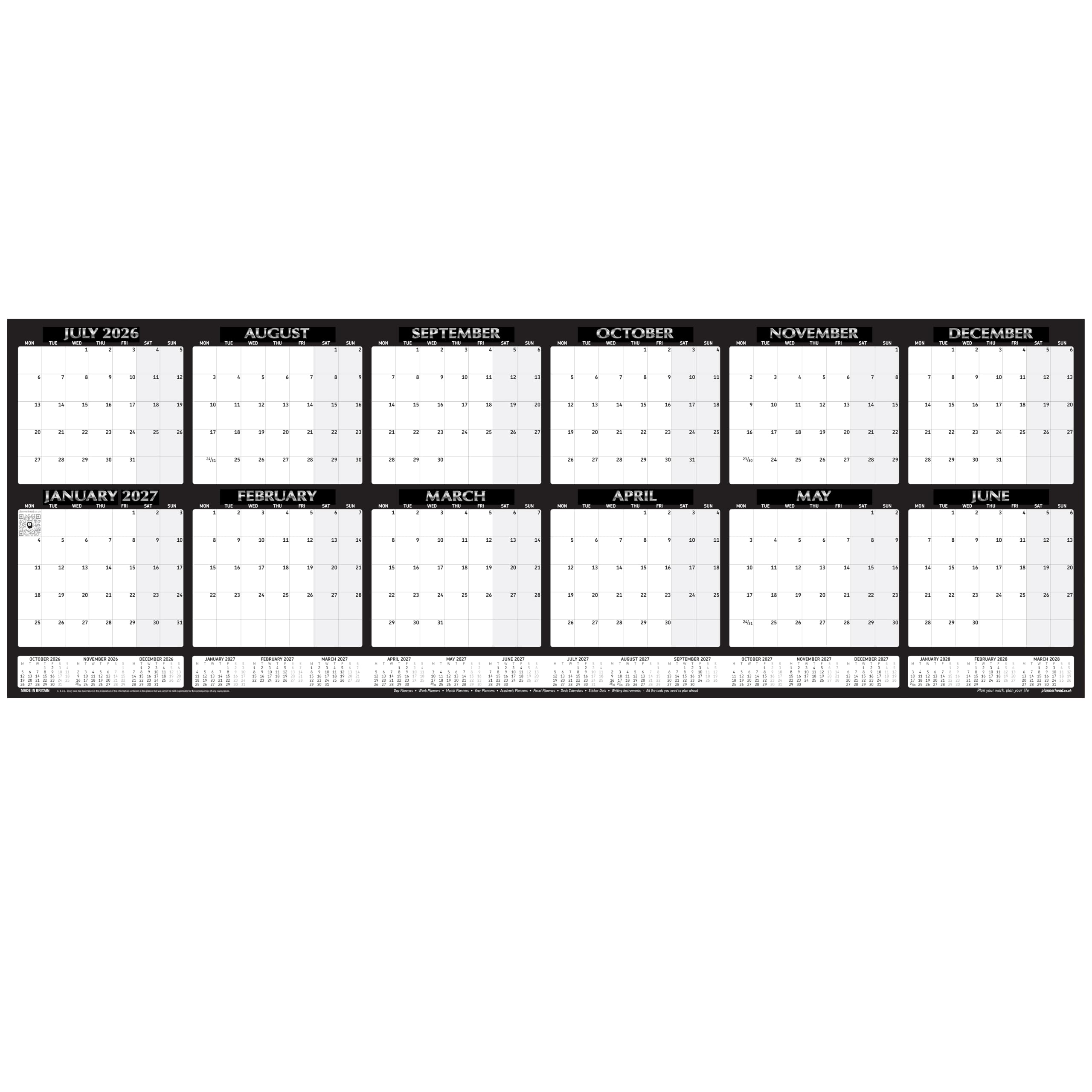 Plannerhead 2026-2027 Panoramic Laminated Wall Planner – Black, 100 x 35cm Wall Calendar, July 2026 to June 2027, with 400 Stickers & 1 Dry-Wipe Pen, Reusable Wipe-Clean Year Planner UK