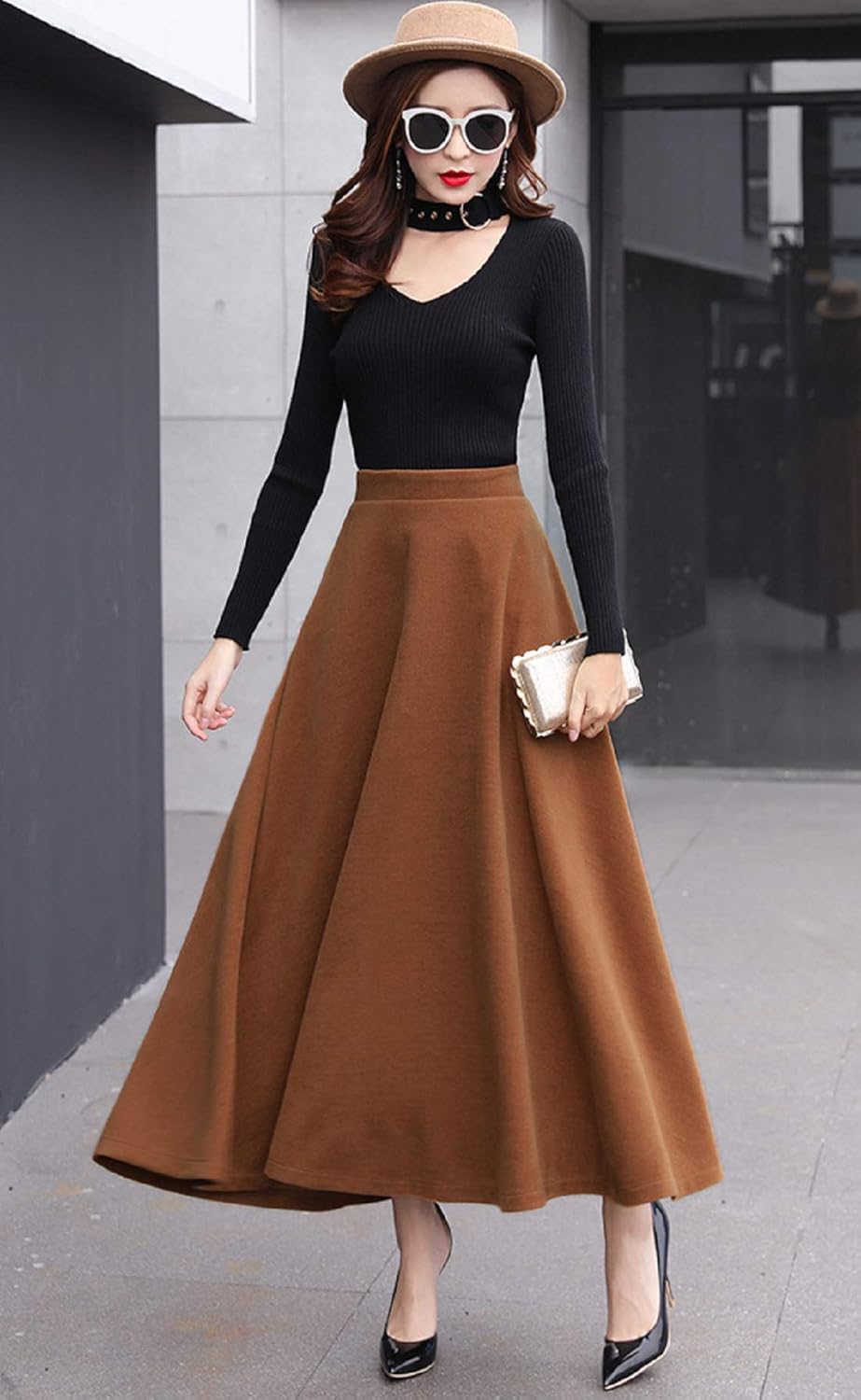 CHARTOU Women's Stretchy High Waist Woolen Flared A Line Swing Maxi Long Skirt - Image 2