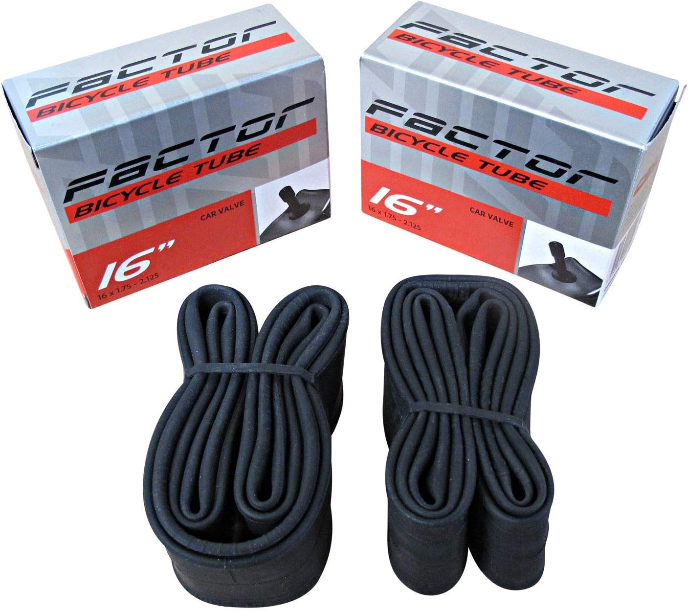 Factor Bicycle Inner Tubes 16 x 1.75-2.125 with Schrader Car Valve (2 Pack) for Kids Bikes