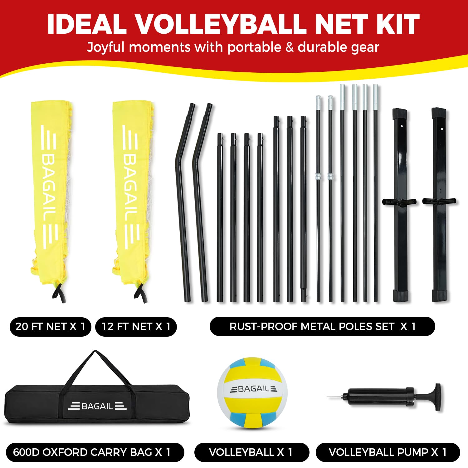 Filet de volley-ball portable 3,7 m/6,1 m réglable pour arrière-cour - Ensemble intérieur/extérieur avec sac de transport