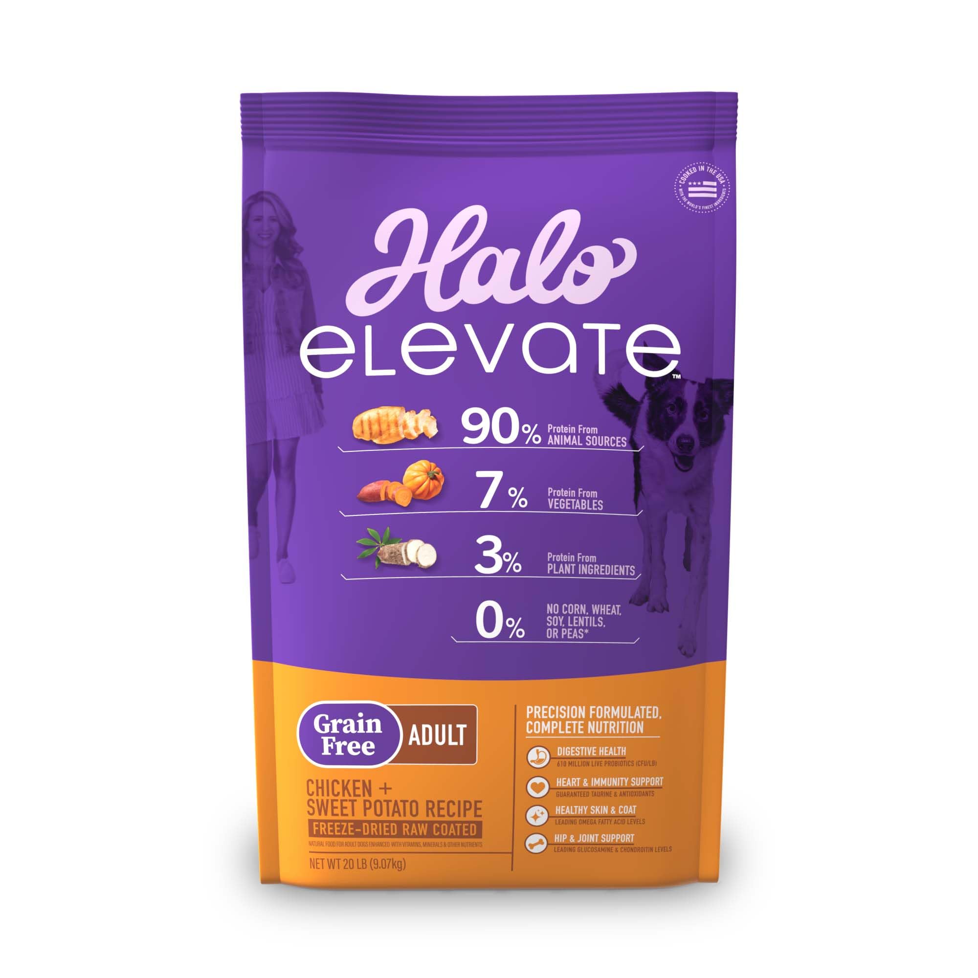 HAS HOLE TAPED UP* Halo Elevate Dog Chicken Recipe, Grain Free Dry Dog Food, Kibble for Adult Dogs, 20 lb Bag
