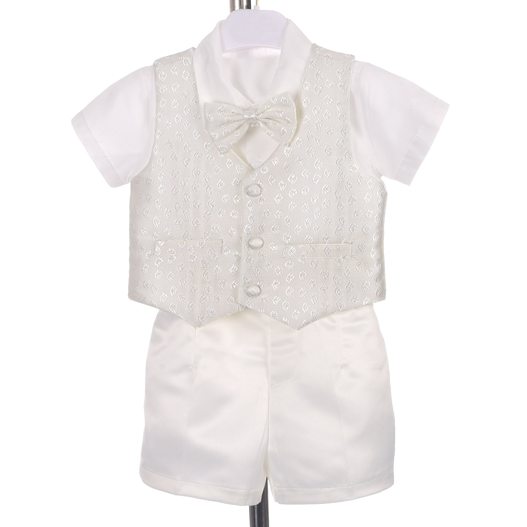 Lito Angels Baby Jungen 4 Teiliges Anzug Set mit Taufhaube, Taufe Taufkleidung Taufanzug Kurzarm, Weiss/Elfenbein