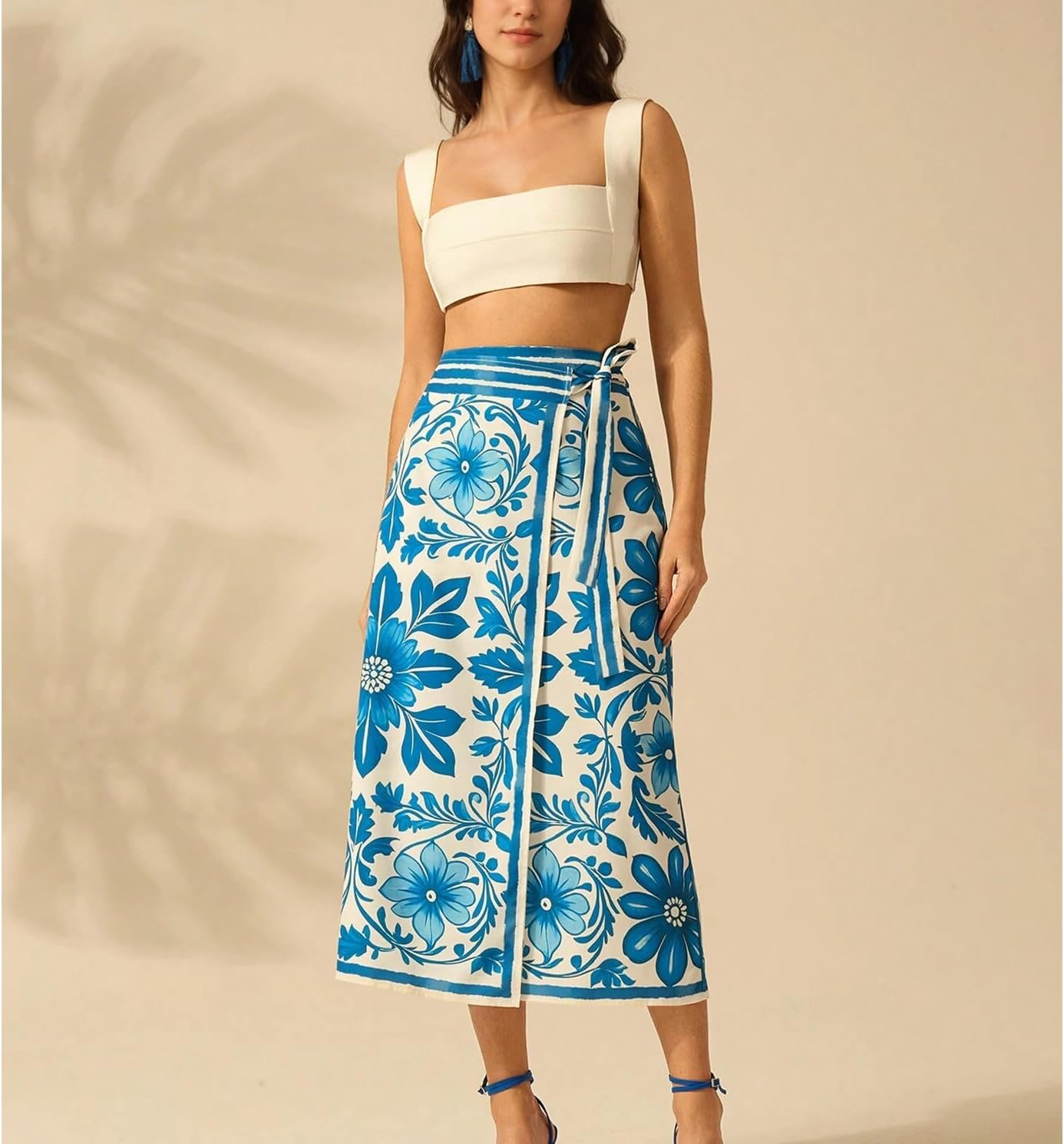 Womens Floral Wrap Midi Skirt Summer Adjustable Tie Side Casual High Waist A Line Beach Boho Long Flared Skirts - Image 2