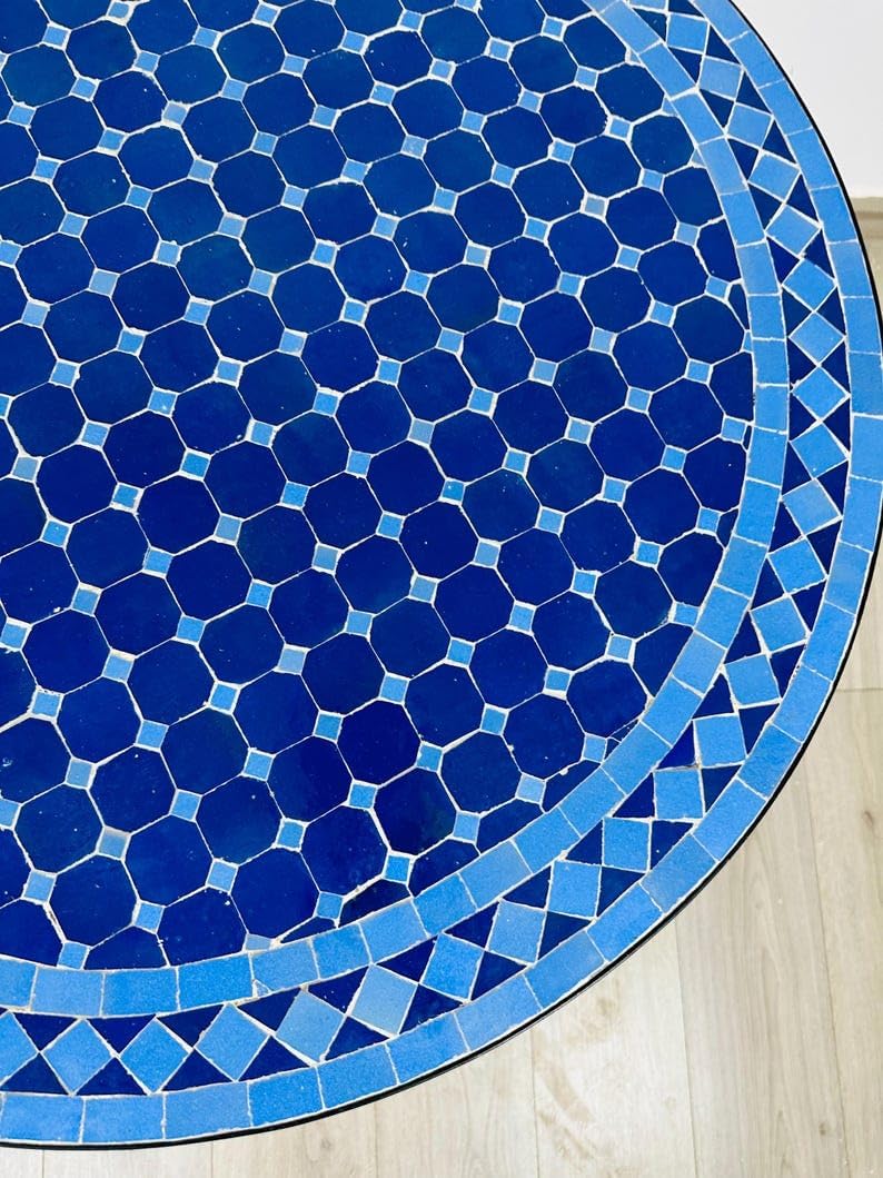 direfly Handmade Zellige Tile Bistro Table – Vibrant Blue Mosaic Round Patio Table with Wrought Iron Base, Moroccan-Inspired Outdoor Garden or Balcony Centerpiece