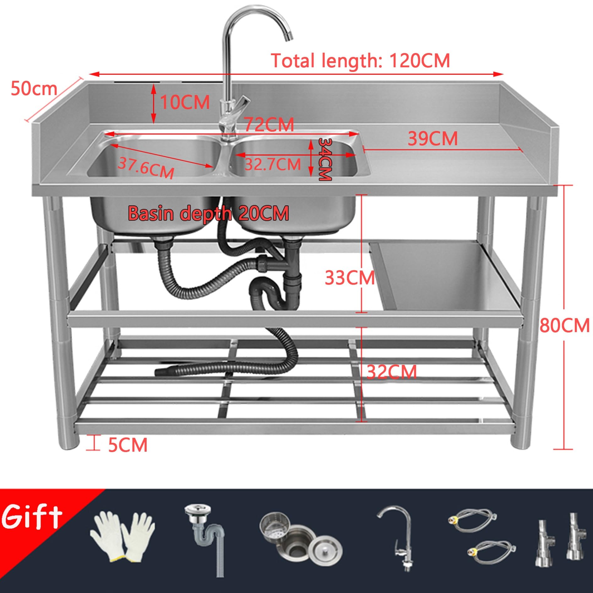 Outdoor Spüle Spültisch Gastro 2 Becken Edelstahl Mobiles Waschbecken Freistehende Spülbecken Kitchen Sink Arbeitsplatte Ausgussbecken mit Armatur für Außen Werkstatt Pantryküche Camping Garten Küche