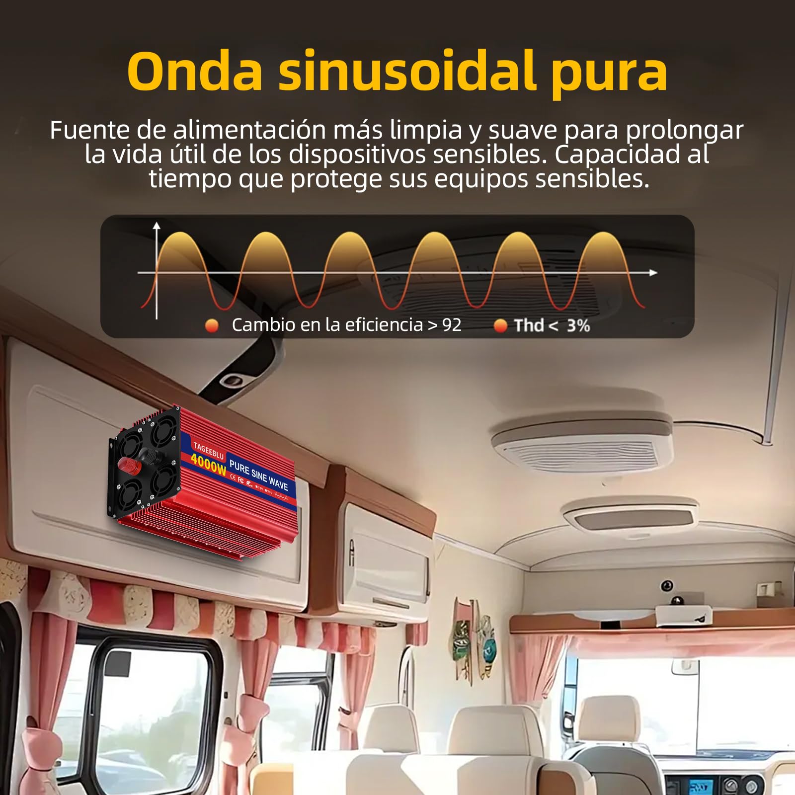 4000W inversor 12v 220v Onda Pura, convertidor 12v 220v con 2 AC Tomas, Pantalla LCD
