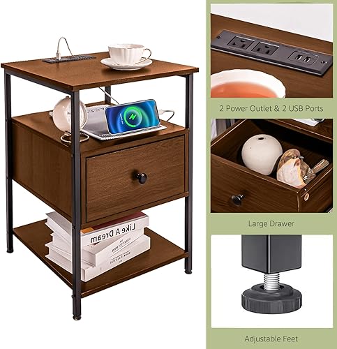 Miniatura 5 de Mesita de noche de madera con estación de carga, puerto USB y cajón individual  Mesita de noche para sala de estar, dormitorio (2, marrón rústico)