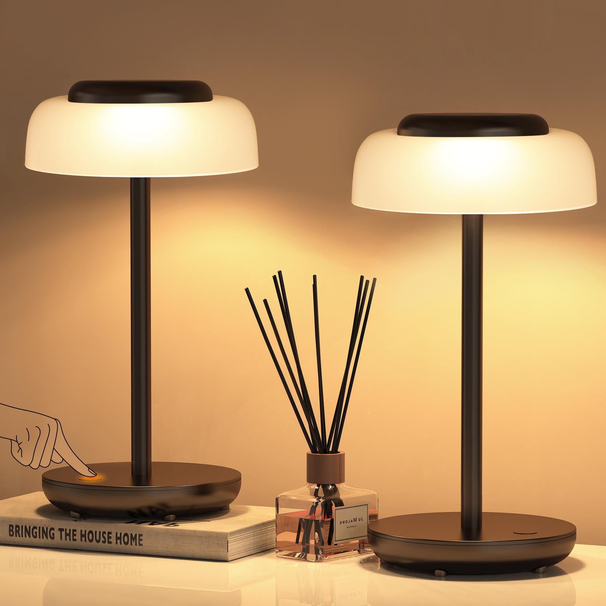 QiMHBattery Operated LED Table Lamp, 5000mAh Rechargeable Cordless Lamp Set of 2, Stepless Dimmable Touch Control, Small Waterproof Desk Night Light for Living Room, Bedroom, Outdoor Bar (Black)