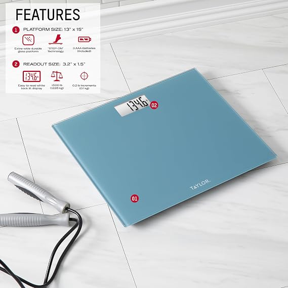 Taylor Digital Extra-Wide Extra High 500lb Capacity Bathroom Scale for Body Weight, Ultra Wide Platform, Digital Weighing Machine for People, Easy-to-Read, Slate Blue
