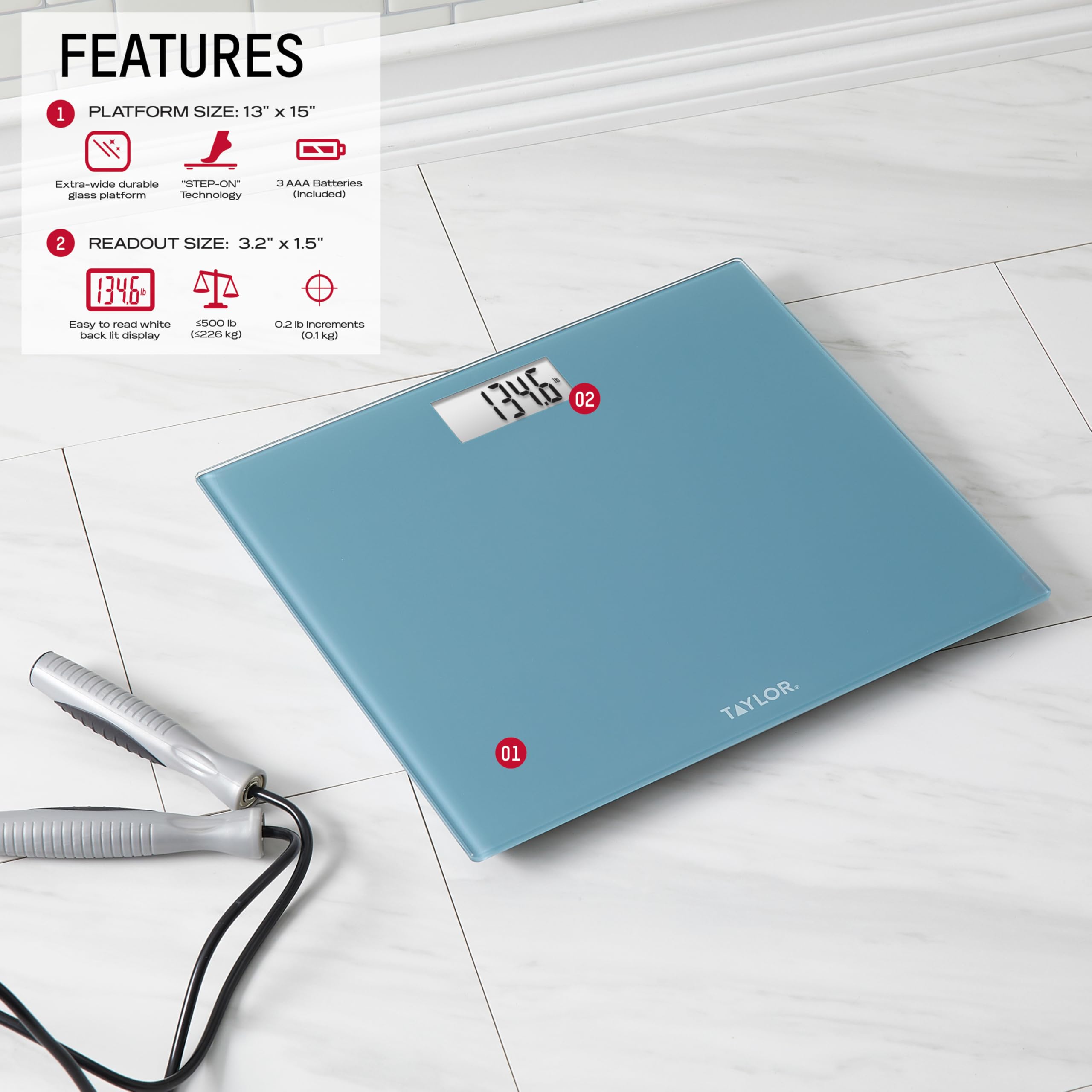 Taylor Báscula de baño digital extra ancha extra alta de 500 libras para peso corporal, alta precisión precisa y plataforma ultra ancha, máquina de pesaje digital para personas, fácil de leer, azul