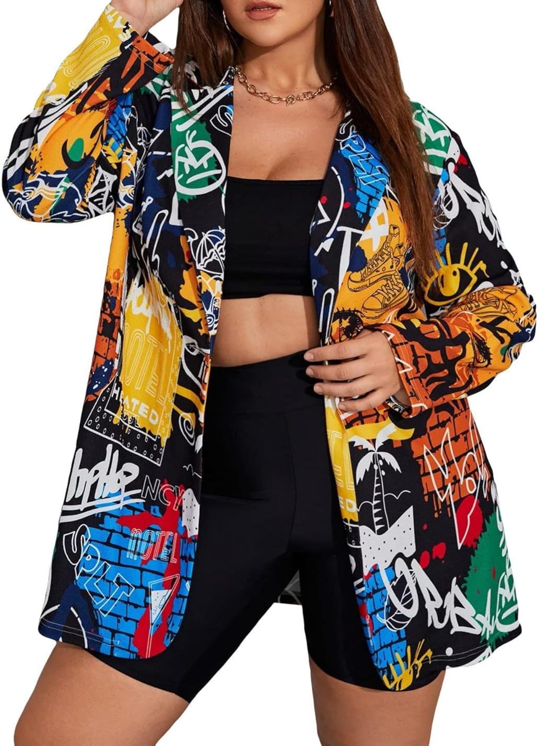 WDIRARA Women's Plus Size Lapel Collar Open Front Graffiti Graphic Button Blazer Jacket - Image 3