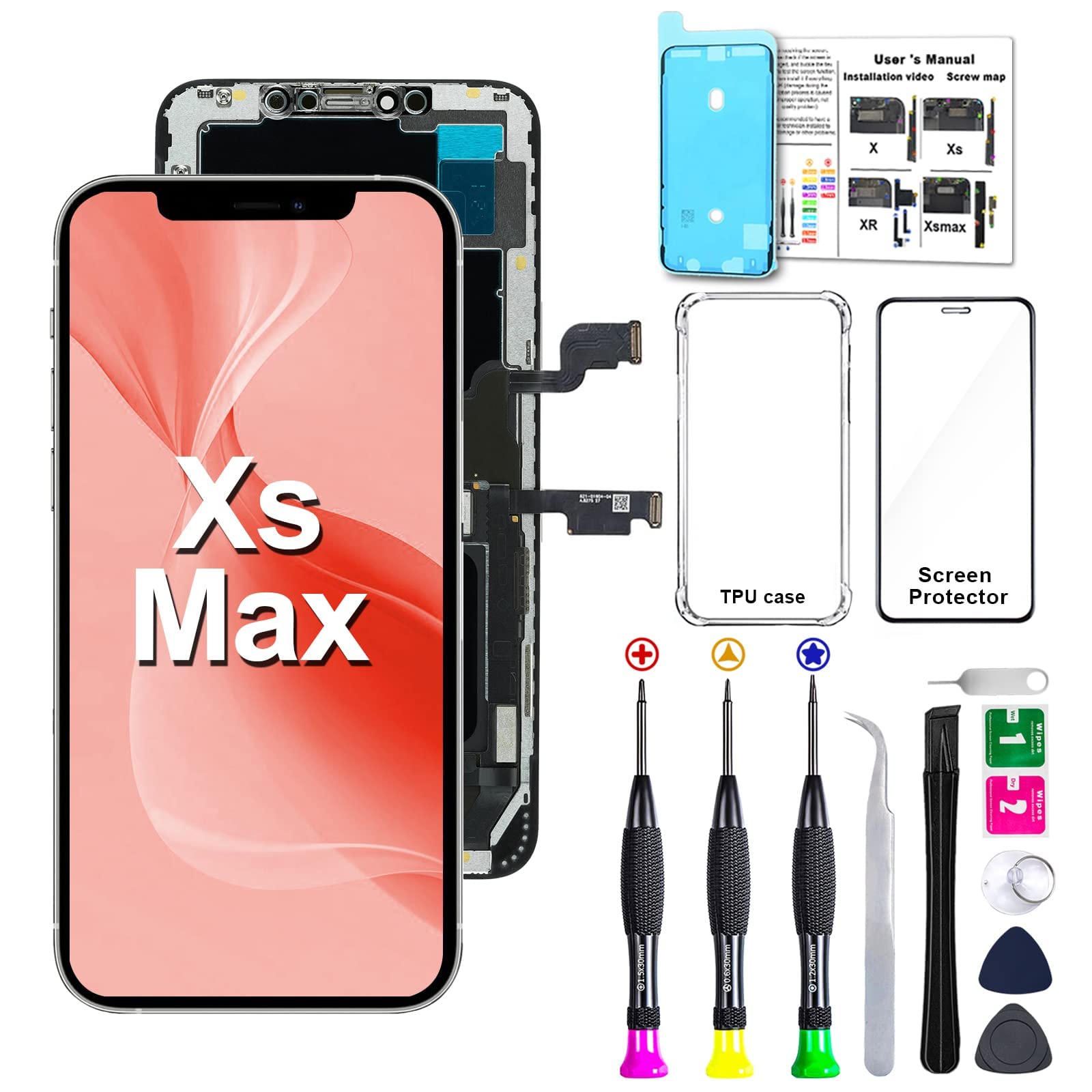 for iPhone Xs Max Screen Replacement kit, 6.5 inch LCD Display 3D Touch Digitizer Assembly with Repair Tools and Frame Adhesive (Model A1921 A2101 A2102 A2104)