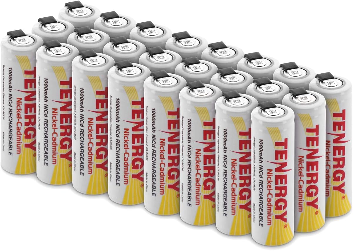Tenergy Rechargeable 1.2V AA NiCD Battery, 1000mAh High Capacity Batteries Flat Top with Tabs for Shavers, Trimmers, Razors, 24 Pack