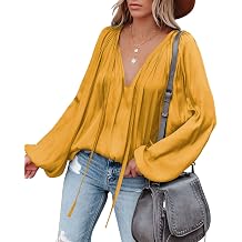 LAMISSCHE Womens Sexy Deep V Neck Blouse Bell Long Sleeve Satin Flowy Tops