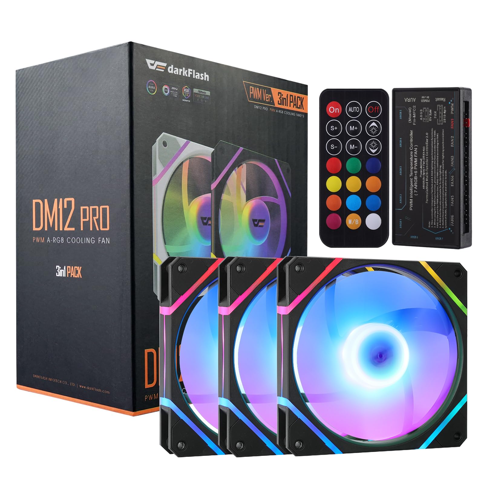 darkFlash 3-pack de ventiladores de carcasa de PC de 120 mm con concentrador controlador y control remoto, PWM ARGB Sync, ventiladores de refrigeración RGB direccionables para carcasa de ordenador y