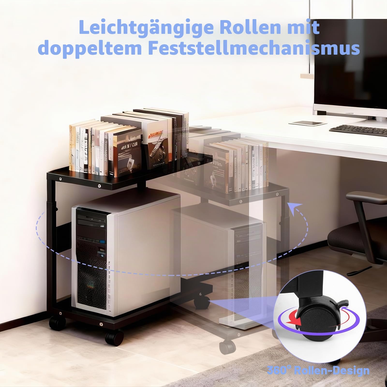 Computer Tower Ständer,Höhenverstellbarer PC Tower Ständer mit 4 Haken & 2 Lenkrollen mit Feststeller, Robuster Computer Ständers aus Stahl für Tower, Drucker als Druckertisch bis (58,5-72 cm)