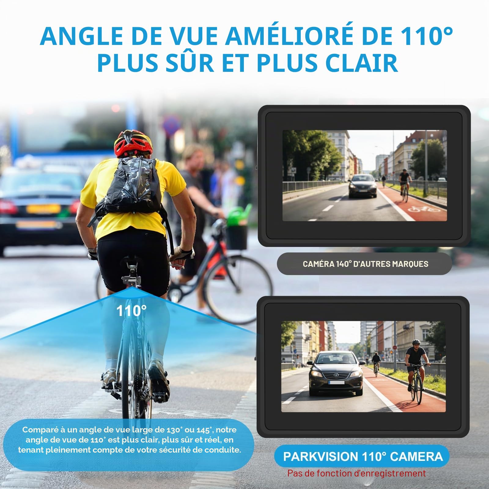 PARKVISION Miroir à vélo avec Caméra Arrière 1080p - Écran AHD 4,3", Guidon 20-30mm - Sécurité pour VAE, VTT & Vélo de Ville Rétroviseur Électronique Velo