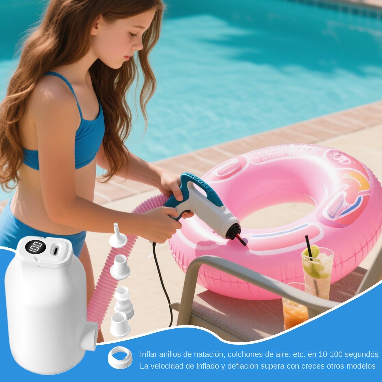 Pompe à air pour gonflage électrique portable avec 5 embouts, accessoires pour sacs de couchage, natation, voyage et camping