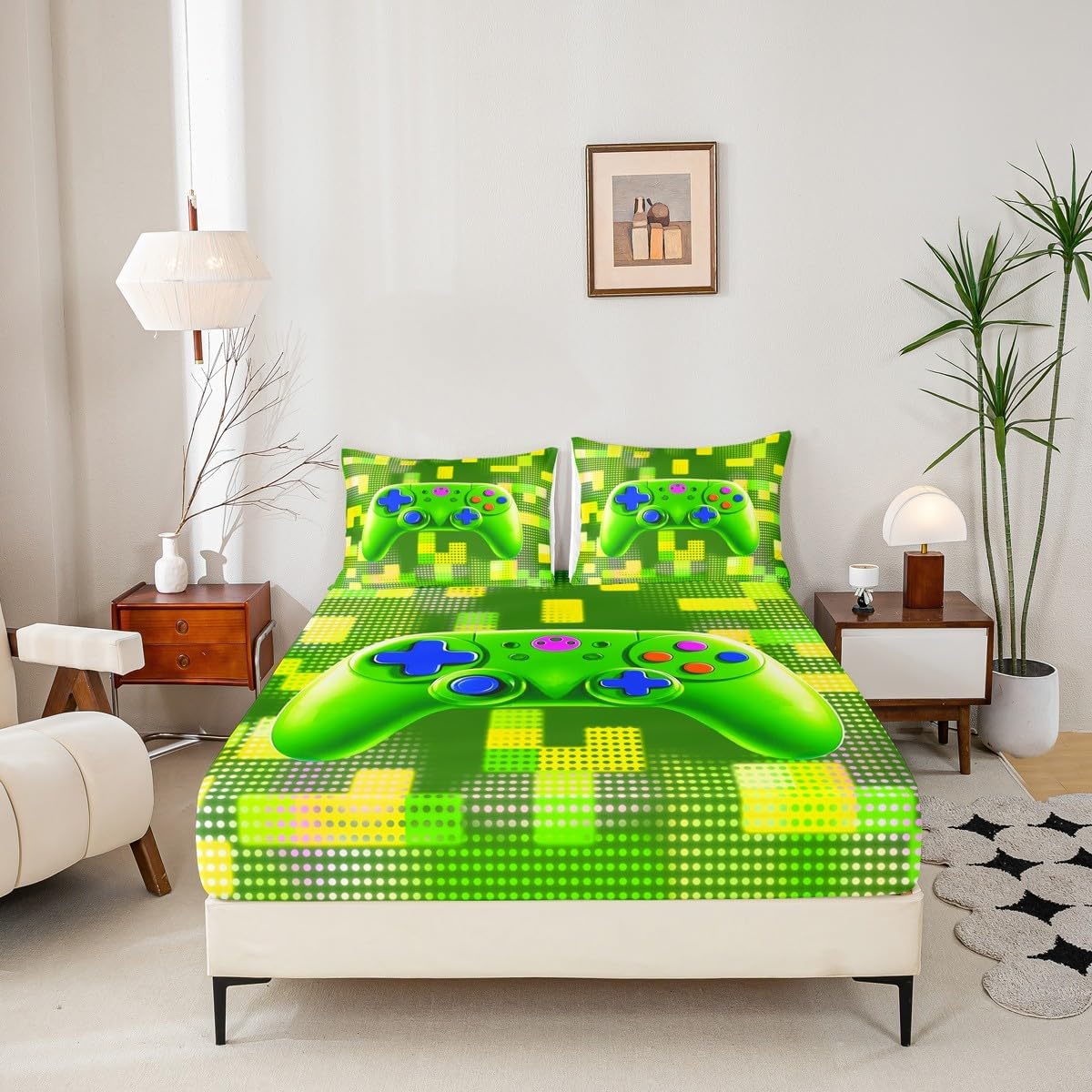 Gamer Gamepad Kids Fitted Sheet Full Size,Video Game Console Modern Fashion Bedding Set,Girls Boys Room Decor,Geometric Building Block Gaming Green Bed Sheet,2 Pillowcases(No Flat) image 4