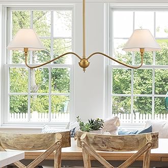 VANZARLA Modern Gold Linear Chandelier for Kitchen Island, 2-Light Linear Light Fixture with Off-White Fabric Shade, Rustic Pendant Light for Dining Room