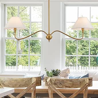Modern Gold Linear Chandelier for Kitchen Island, 2-Light with Off-White Fabric Shade