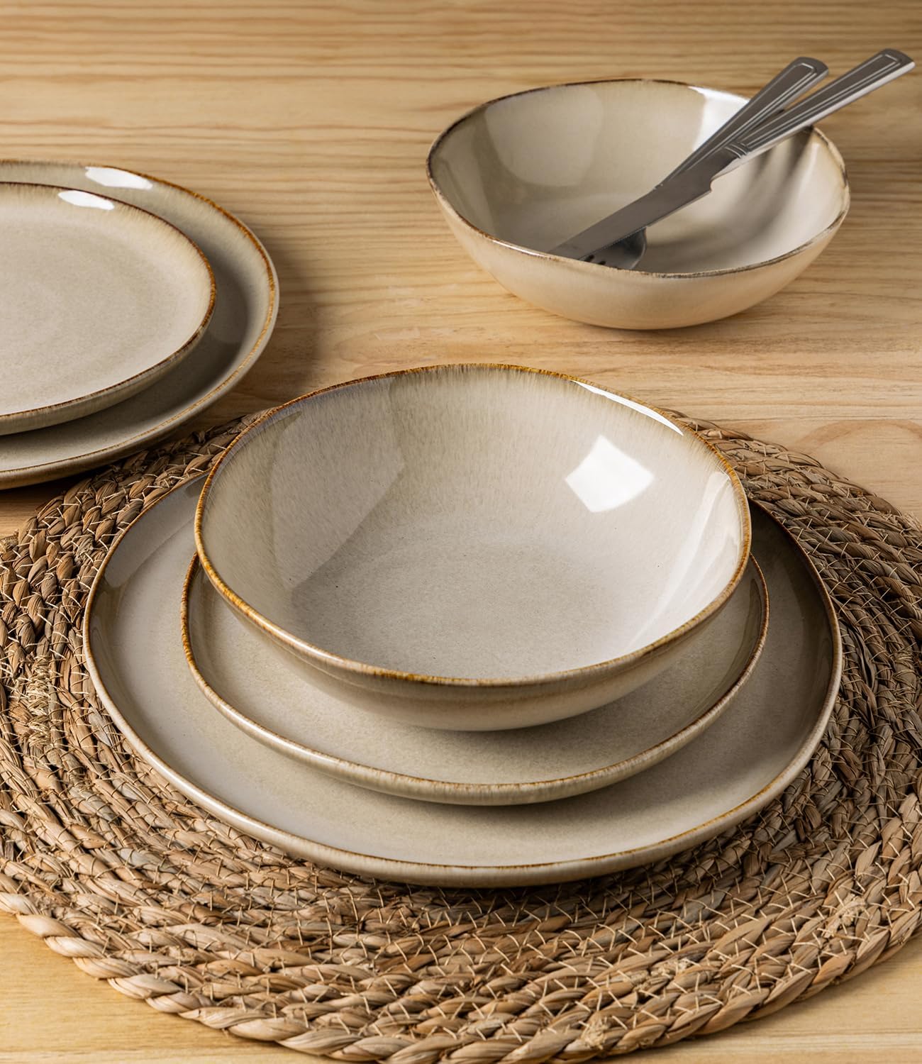 GBHOME Stoneware Dinnerware Sets for 6, 18 Pieces Rustic Ceramic Plates and Bowls Set, Handmade Reactive Glaze Plate Sets, Highly Chip Resistant Dishes, Microwave & Dishwasher Safe, Oatmeal Linen