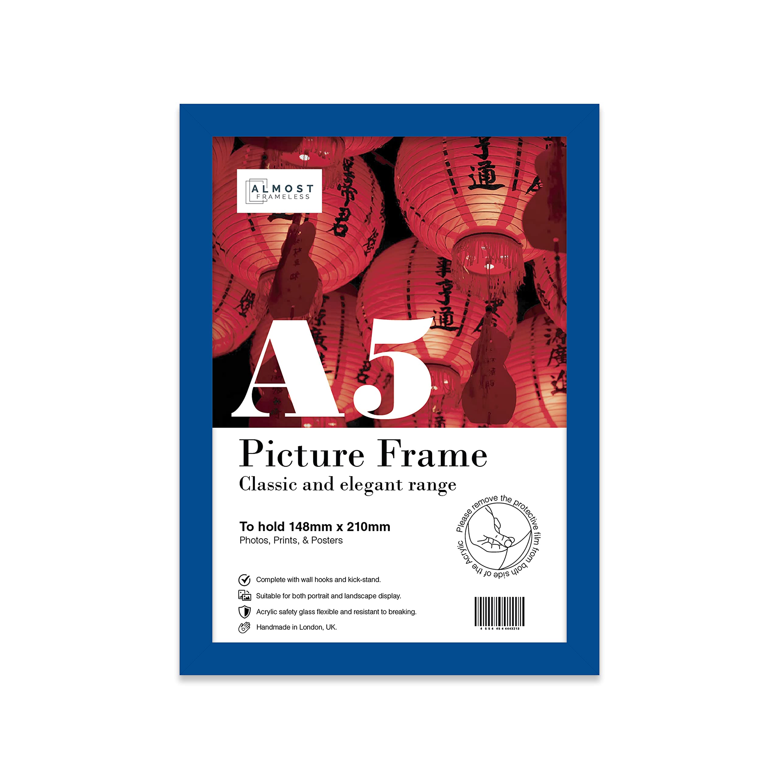 A5 Blue Picture Frame, Fits A5 (14.8 x 21cm - 5.8 x 8.3in) Poster, Photo, or Print. Portrait and Horizontal Wall Hooks/Kickstand Wall Art Display