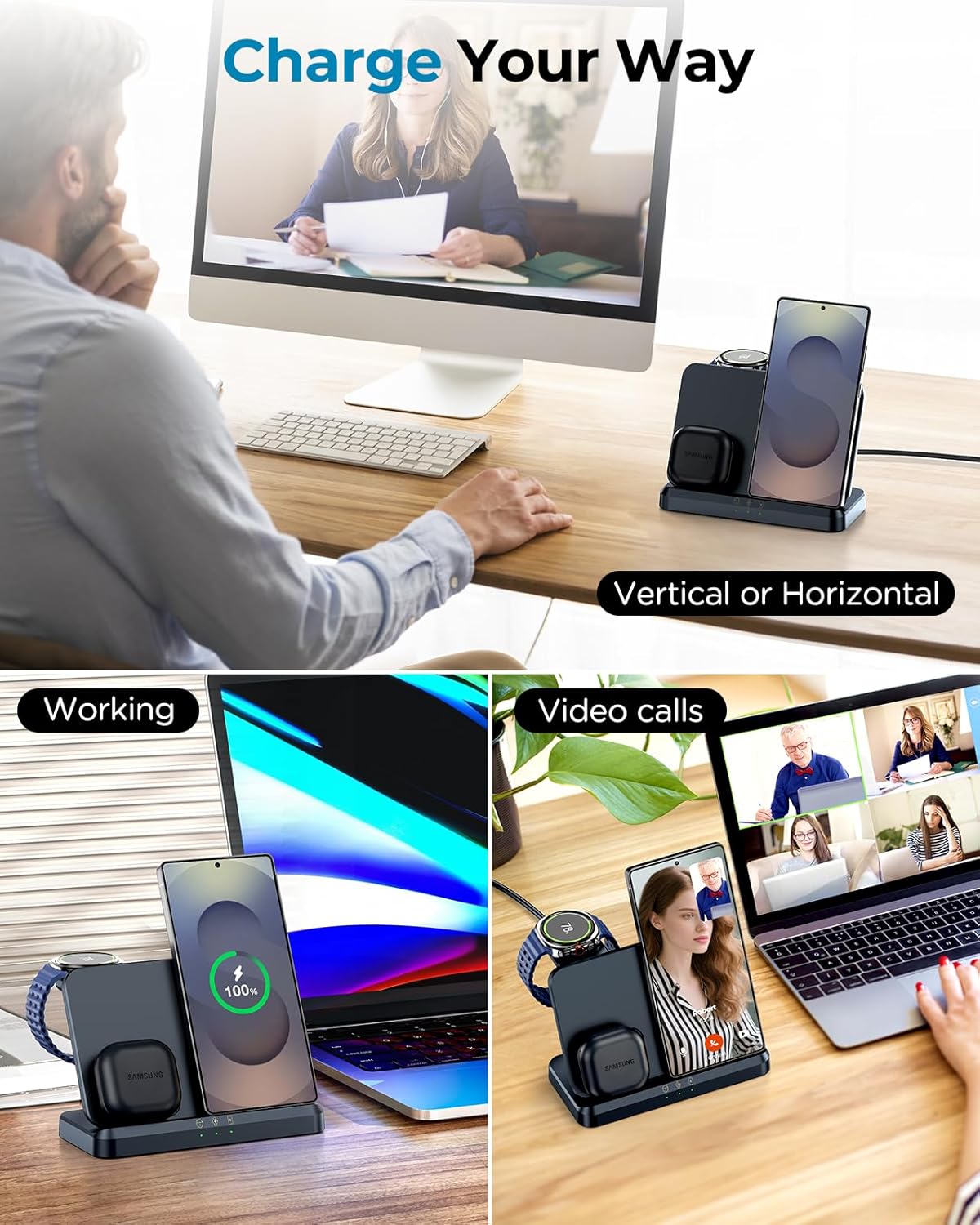 EGV Wireless Charger for Samsung – 3 in 1 Wireless Charging Station for Galaxy S25 Ultra S24 S23, Z Fold Flip 7/6, Detachable Watch Charger for Galaxy Ultra 8/7/6, Foldable, Fast Charging, No Adapter - Image 5