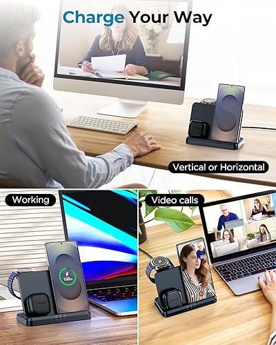Miniatura 5 de EGV Cargador inalámbrico para Samsung - Estación de carga inalámbrica 3 en 1 para Galaxy S25 Ultra S24 S23, Z Fold Flip 7/6, cargador de reloj Negro