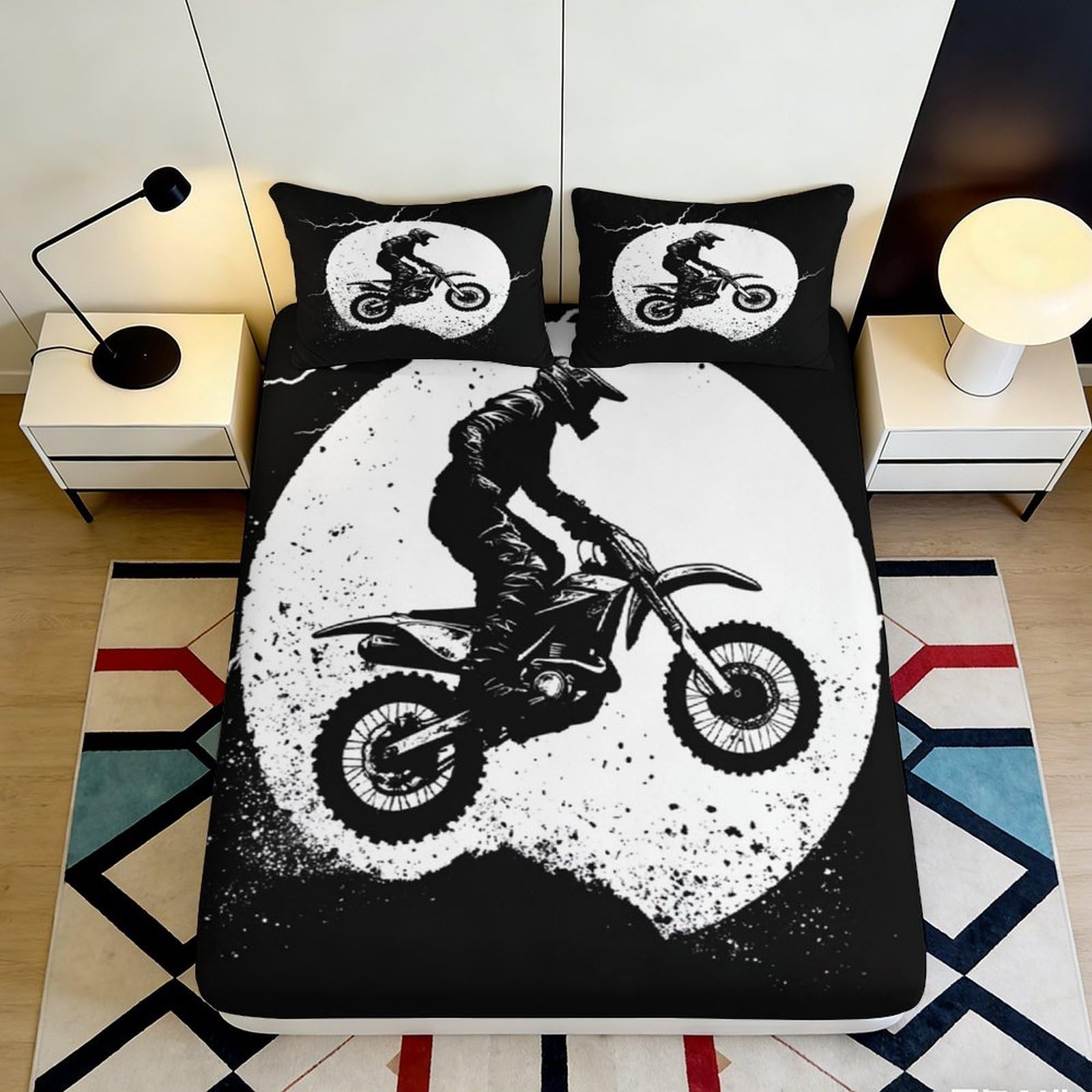 3D Printed Motocross Rider Fitted Sheet Microfiber Black White Dirt Bike Mattress Cover for Bedroom Dorm Decor 200x200x25cm